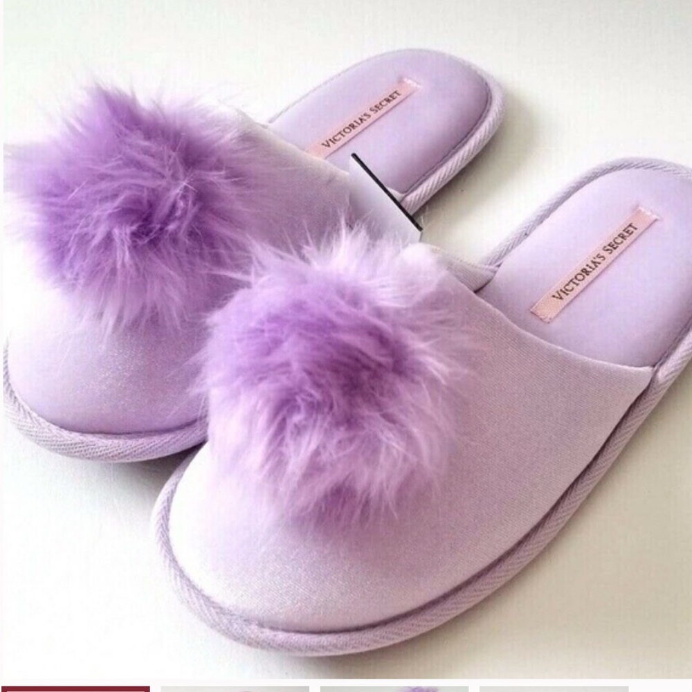 Victoria's Secret Lavender Velvet Pom Pom Slippers